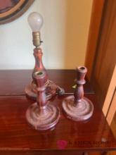 antique wooden lamp with matching wooden candlesticks