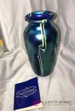 Orient & Flume Art Glass Blue irissene hearts and vines vase signed 9 in high
