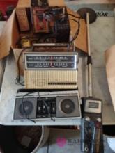 two vintage transistor radios, metal detector, and vintage radio parts