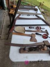 vintage tool lot including Stanley planer, pry bars, saws, and more