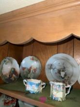 6- Decorative China plates and cream and sugar bowls