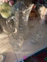 vintage clear glass pitcher and six glasses