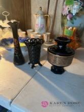 3- vintage black/deep purple glass vases