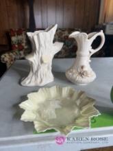 3 Vintage Belleek Ireland green mark vases and plate