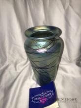 Orient & Flume Art glass 8 in vase blue irissene signed and numbered