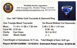 APP: 14.8k 14 kt. White Gold, 6.33CT Triangle Cut Tanzanite And 0.38CT Diamond Ring