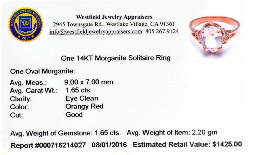 APP: 1.4k Fine Jewelry 14KT Gold, 1.65CT Oval Cut Morganite Ring