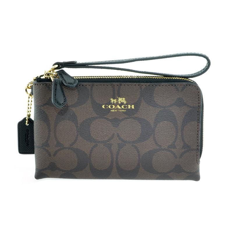 Brand New Authentic Coach Brown/Black Signature Double Corner Zip Wristlet