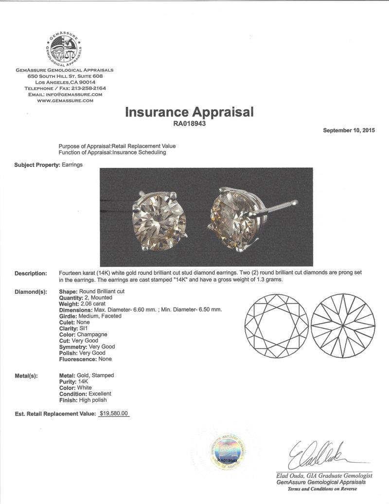 APP: 19.6k *Fine Jewelry 14KT White Gold, 2.06CT Round Brilliant Cut Diamond Earrings (VGN B-129)