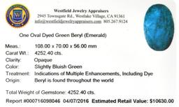 APP: 10.4k 4,252.40CT Oval Cut Green Beryl Emerald Gemstone