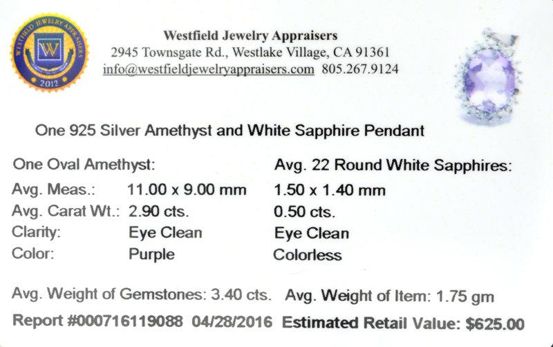 APP: 0.6k Fine Jewelry 3.40CT Purple Amethyst And White Sapphire Sterling Silver Pendant