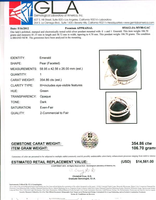 APP: 14.6k Fine Jewelry Designer Sebastian 354.86CT Pear Cut Emerald and Sterling Silver Pendant