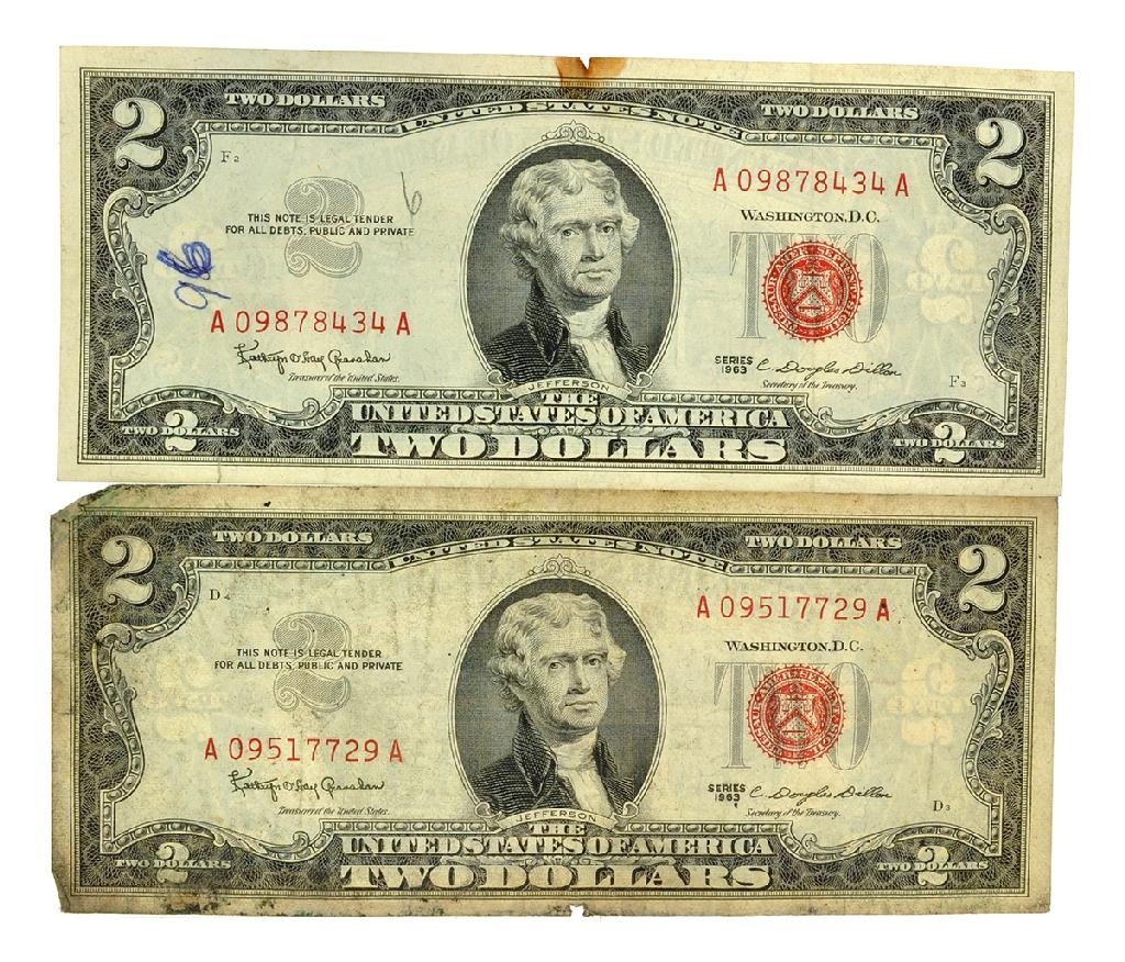 (2) 1963 $2 U.S. Red Seal Notes