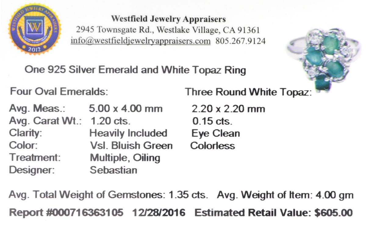 APP: 0.6k Fine Jewelry Designer Sebastian, 1.35CT Emerald And White Topaz Sterling Silver Ring