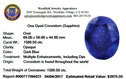 APP: 4k 1,589.50CT Oval Cut Blue Sapphire Gemstone