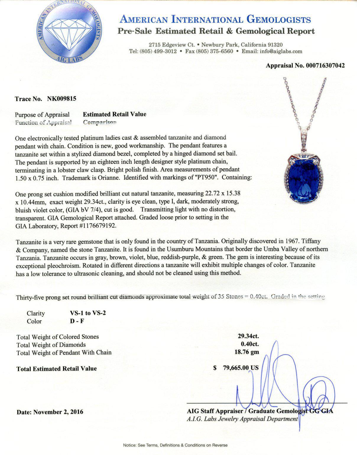 APP: 79.7k *29.34ct Tanzanite and 0.40ctw Diamond Platinum Necklace (GIA CERTIFIED) (Vault_R3 21770)