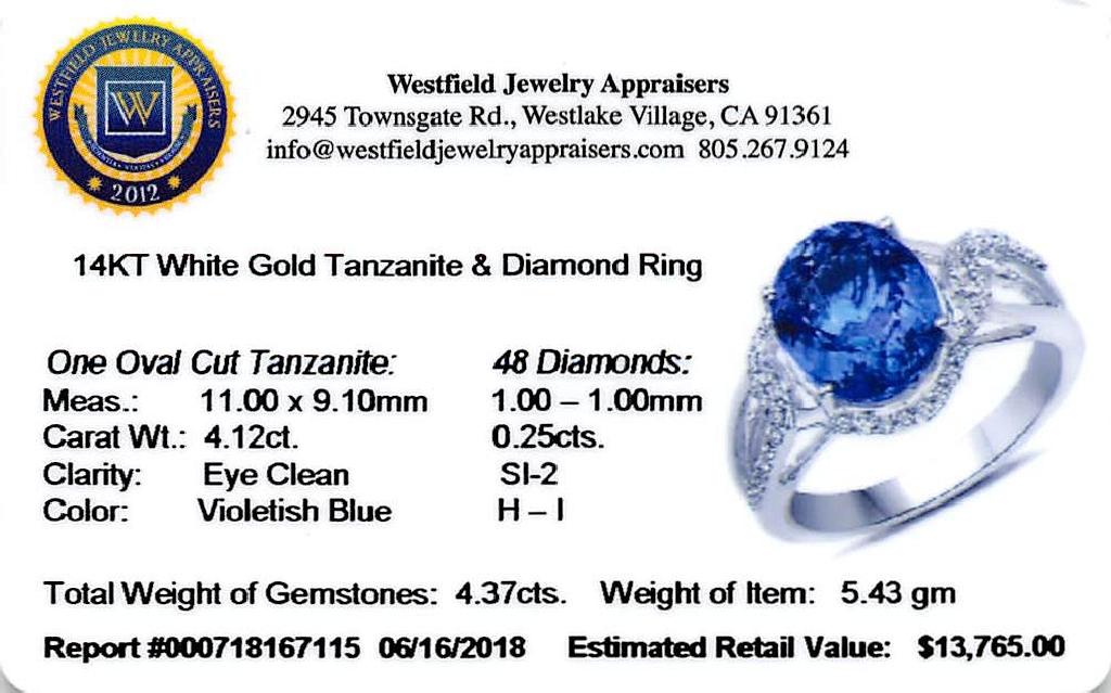 APP: 13.8k *14K White Gold 4.12 Tanzanite and White Diamond Ring Compelling Piece! (Vault Q) (QR2170