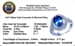 APP: 13.4k *14K White Gold 3.44 Tanzanite and White Diamond Ring Luxurious Quality! (Vault Q) (QR215