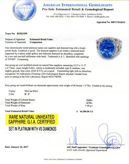 APP: 66.6k *8.62ct NATURAL UNHEATED BLUE SAPPHIRE and 0.79ctw Diamond Platinum Ring (Vault_R3 22619)