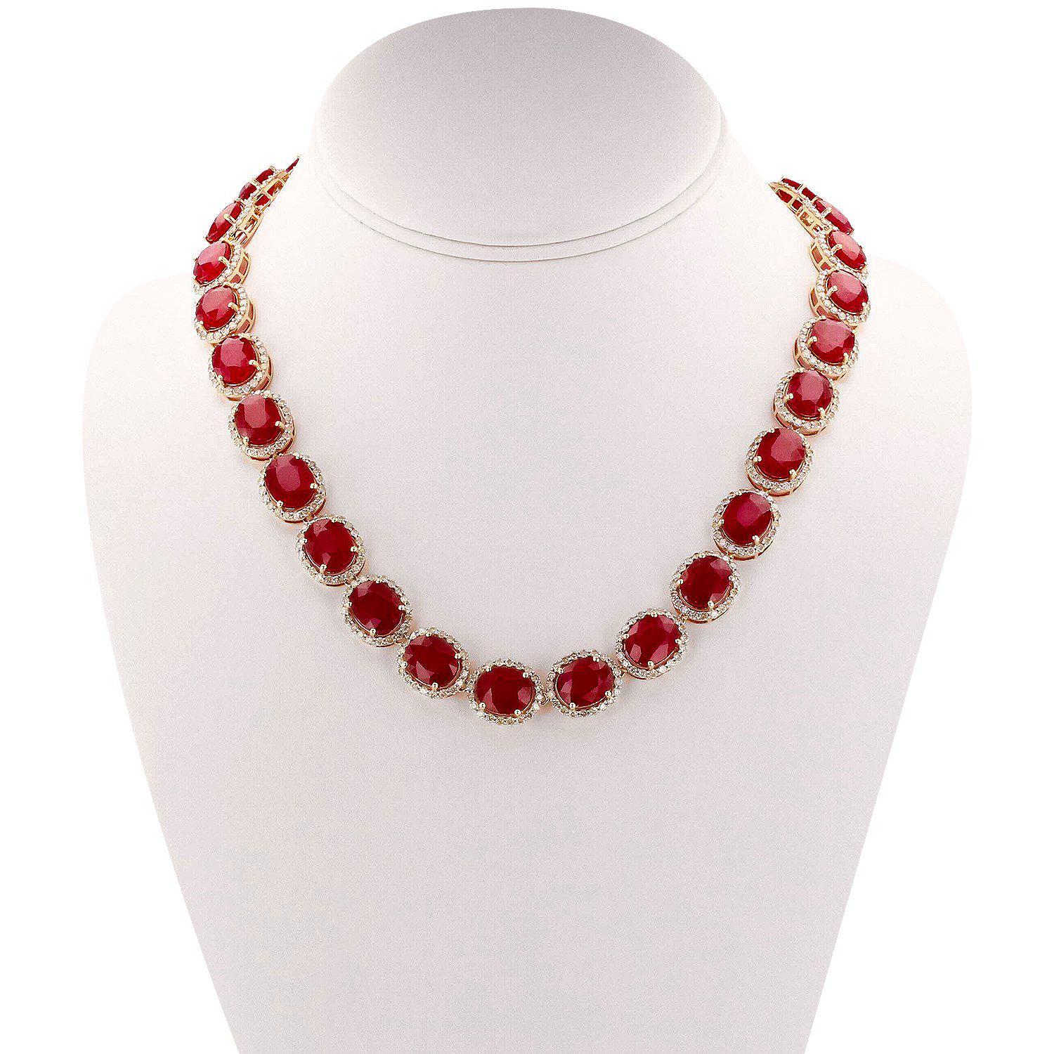 APP: 62.2k *158.37ctw Ruby and 12.64ctw Diamond 14KT Yellow Gold Necklace (Vault_R3 9849)