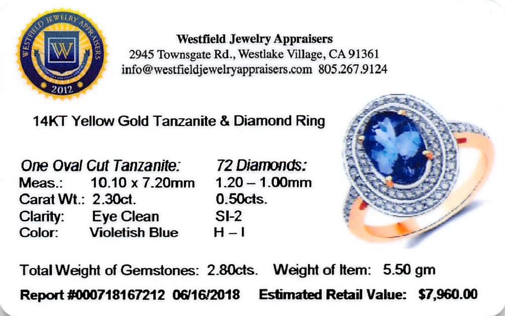 APP: 8k *14K Yellow Gold 2.30 Tanzanite and White Diamond Ring Superior Quality! (Vault Q) (QR22678T