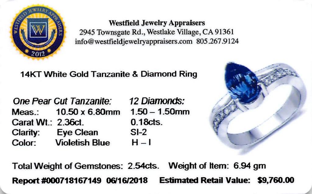 APP: 9.8k *14K White Gold 2.36 Tanzanite and White Diamond Ring Superior Piece! (Vault Q) (QR22564TA