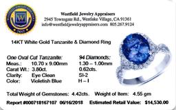 APP: 14.5k *14K White Gold 3.80 Tanzanite and White Diamond Ring Graceful Quality! (Vault Q) (QR2153