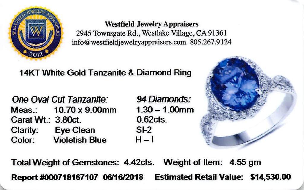 APP: 14.5k *14K White Gold 3.80 Tanzanite and White Diamond Ring Graceful Quality! (Vault Q) (QR2153