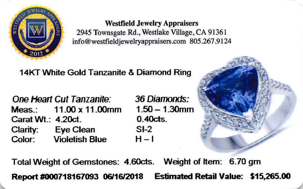 APP: 15.3k *14K White Gold 4.20 Tanzanite and White Diamond Ring Fashionable Piece! (Vault Q) (QR214