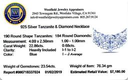 APP: 7.2k 22.86 Round Cut Tanzanite and White Diamond .925 Sterling Silver Necklace -Magnificent Qua