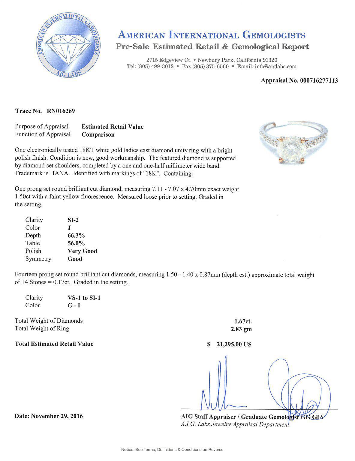 APP: 21.3k *1.50ct SI2 CLARITY CENTER Diamond 18KT White Gold Unity Ring (1.67ctw Diamonds) (Vault_R