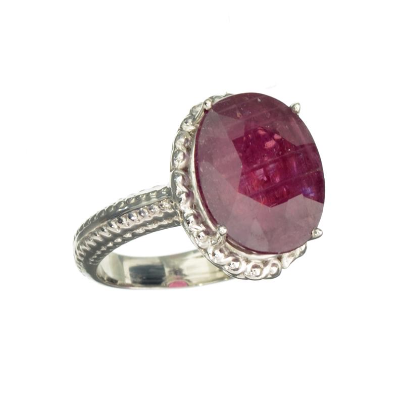 Fine Jewelry Designer Sebastian 10.28CT Oval Cut Ruby And Platinum Over Sterling Silver Ring