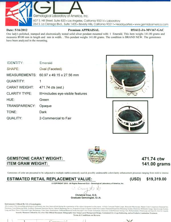 APP: 19.3k Fine Jewelry Designer Sebastian 471.74CT Oval Cut Emerald and Sterling Silver Pendant
