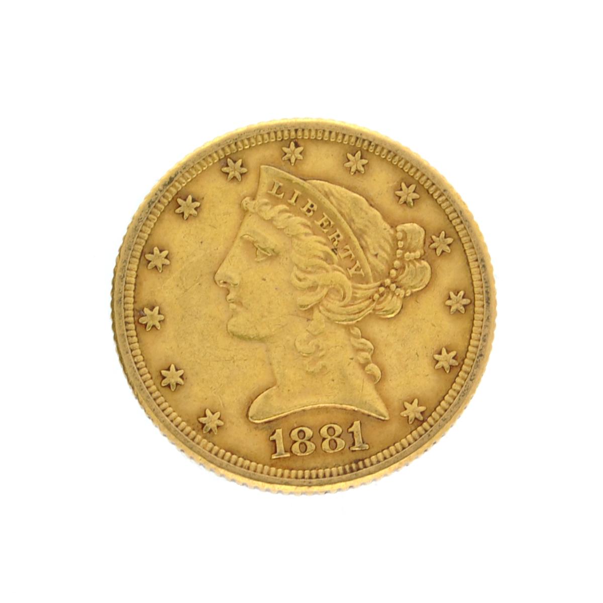 Extremely Rare 1881 $5 U.S. Liberty Head Gold Coin