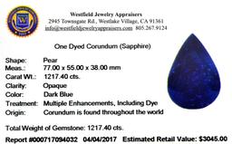 APP: 3k 1,217.40CT Pear Cut Blue Sapphire Gemstone