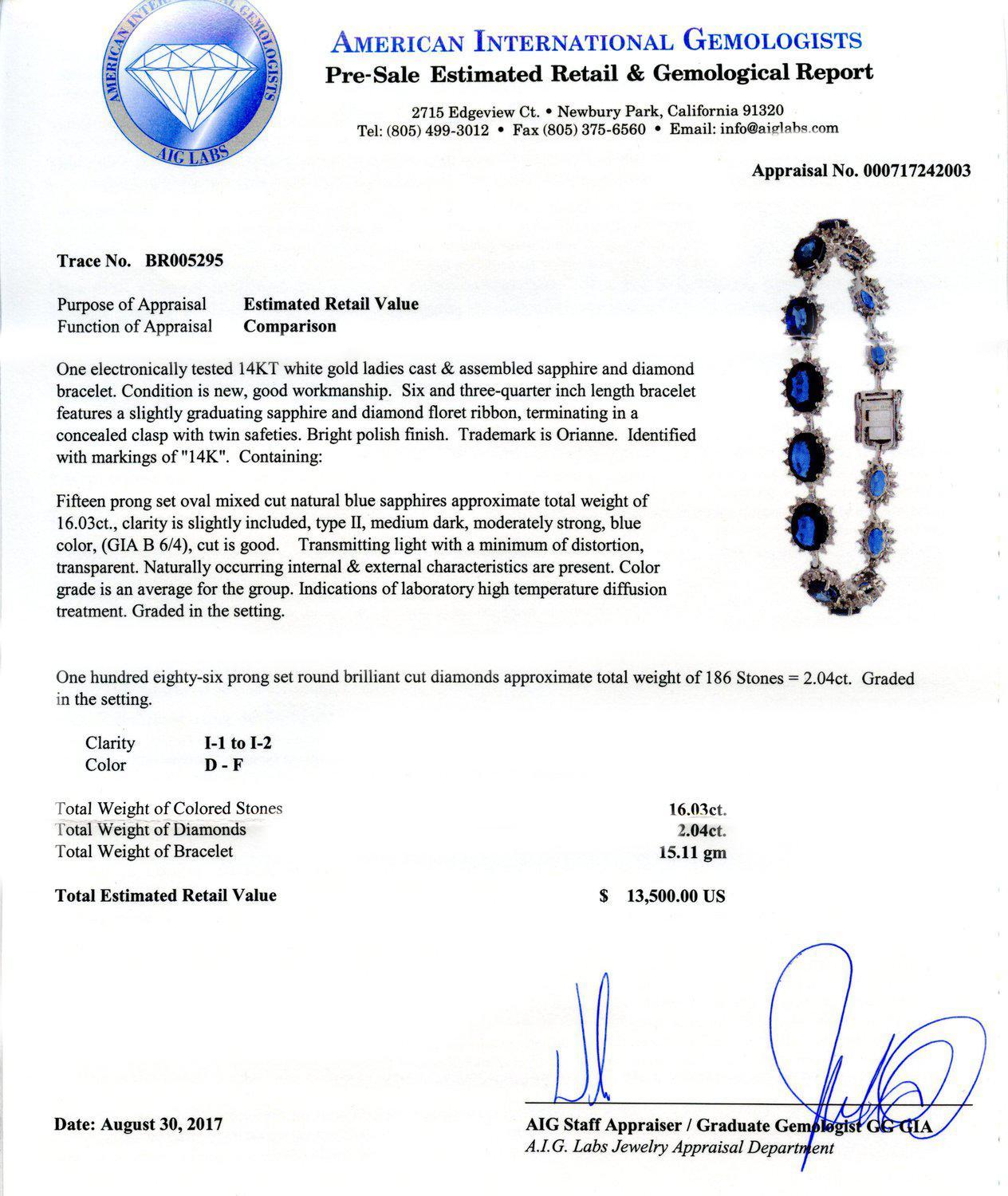 APP: 13.5k 16.03ctw Blue Sapphire and 2.04ctw Diamond 14KT.White Gold Bracelet (Vault_R10_23864)