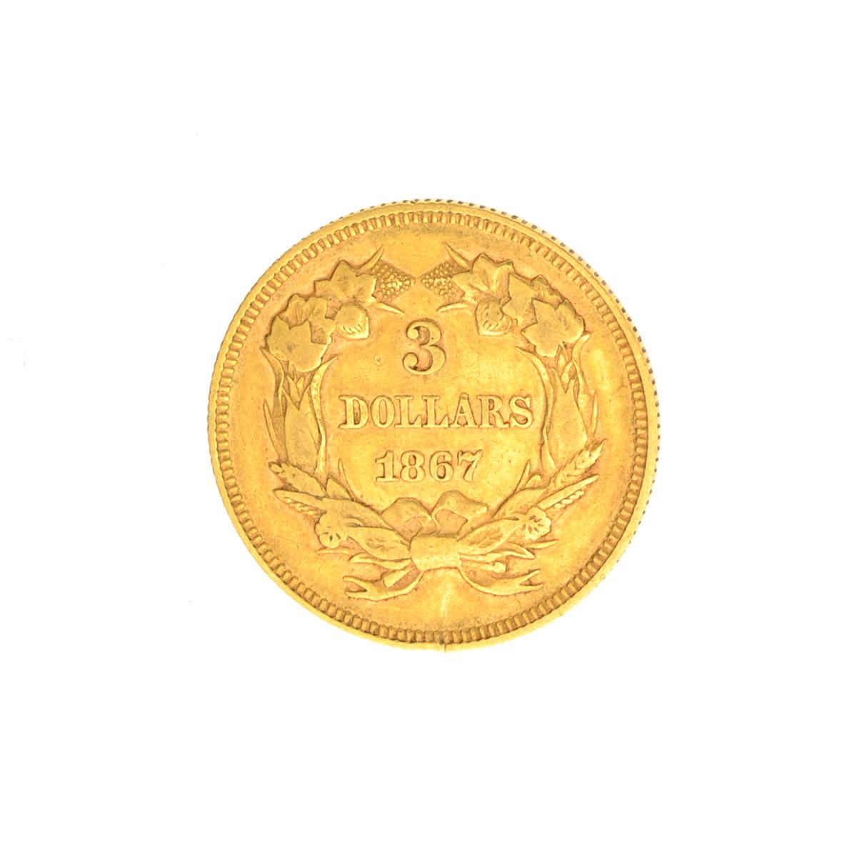 Very Rare 1867 $3 U.S. Princess Low Mintage Damage Gold Coin Great Investment
