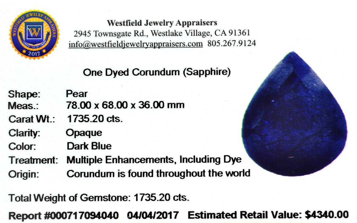 APP: 4.3k 1,735.20CT Pear Cut Blue Sapphire Gemstone