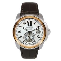 *Cartier Men's Calibre Round Stainless Steel Case White Dial Sapphire Push/Pull Crown Swiss Quartz M