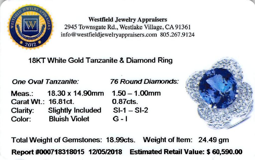 APP: 60.6k *18KT. White Gold 18.99 Oval Cut Tanzanite and White Diamond Ring (Vault_Q) (QR23403TANWD