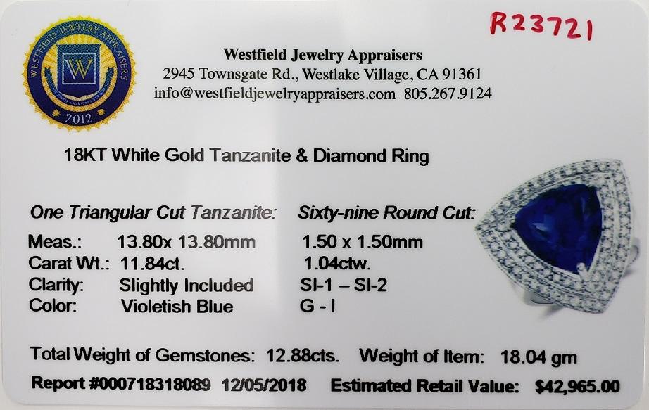 APP: 43k *18KT. White Gold 12.88 Trillion Cut Tanzanite and White Diamond Ring (Vault_Q) (QR23721TAN