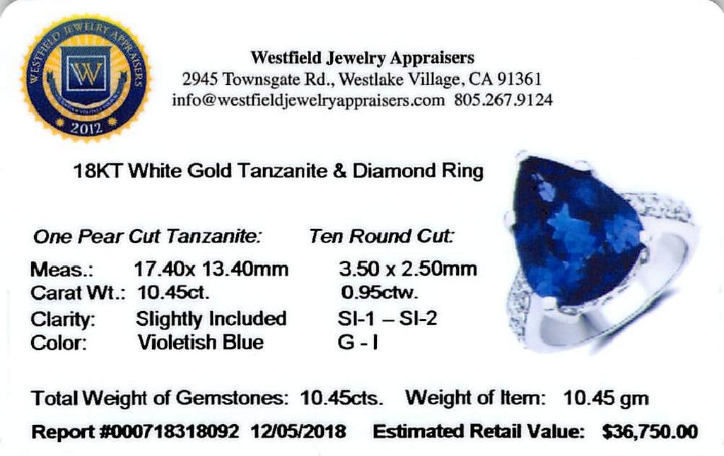 APP: 36.8k *18KT. White Gold 11.40 Pear Cut Tanzanite and White Diamond Ring (Vault_Q) (QR23715TANWD