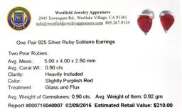 APP: 0.2k Fine Jewelry 0.90CT Pear Cut Ruby And Sterling Silver Earrings