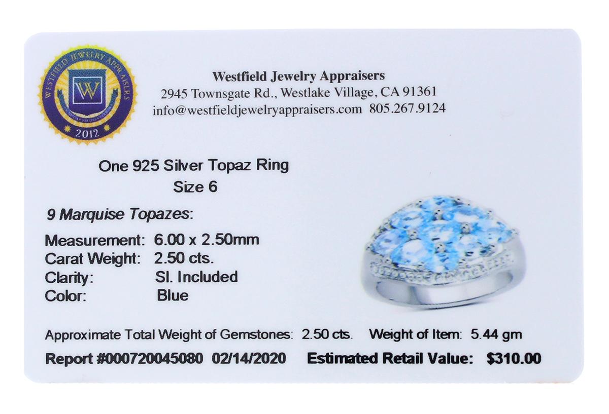 APP: 0.3k Gorgeous Sterling Silver 2.50CT Blue Topaz Ring App. $310 - Great Investment - Luxurious P