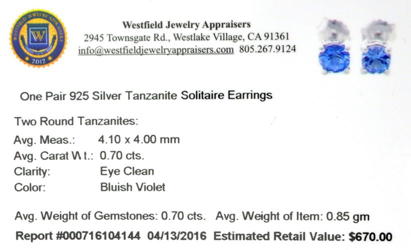 APP: 0.7k Fine Jewelry 0.70CT Round Cut Tanzanite And Sterling Silver Earrings