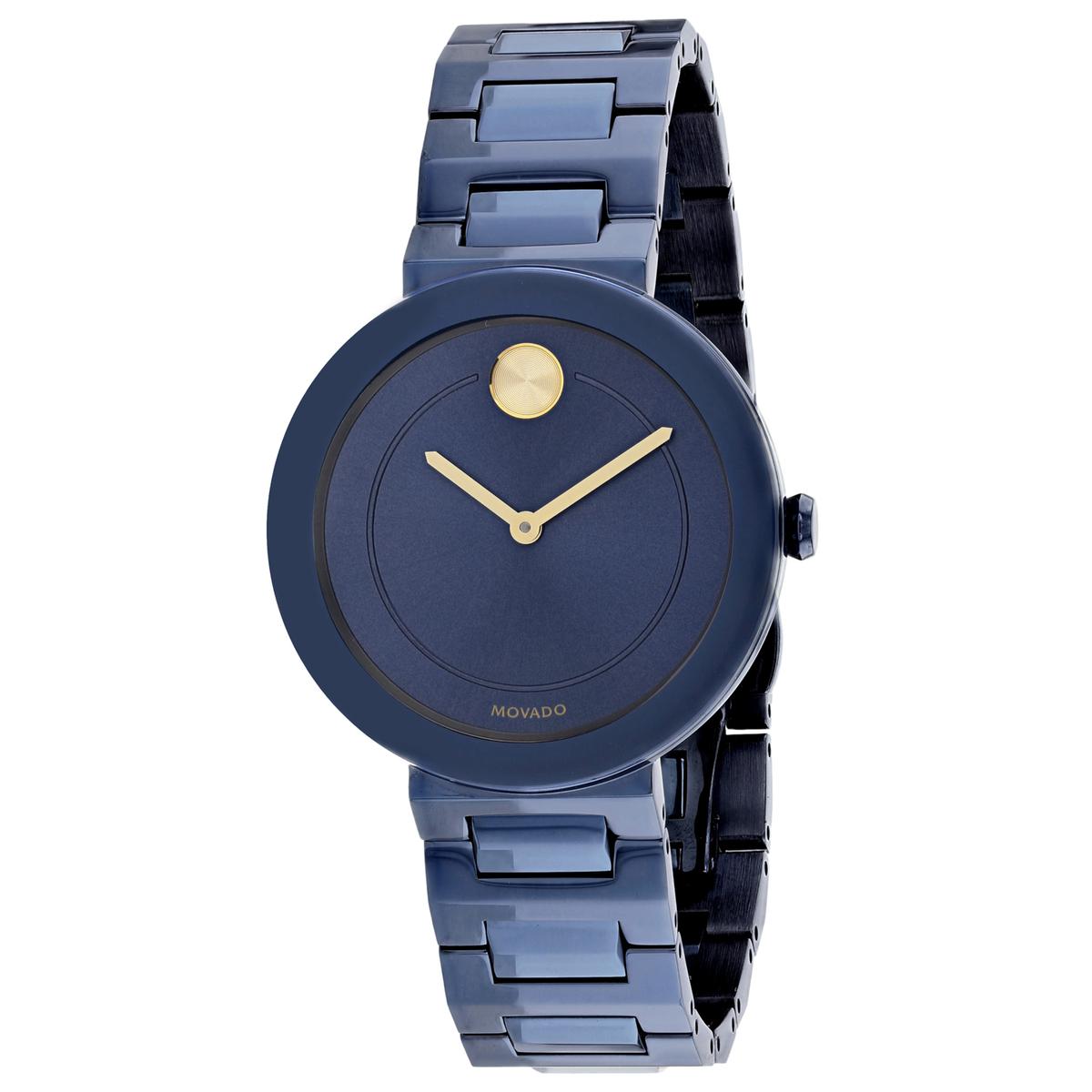 *Movado Women's Bold Round Stainless Steel Case Blue Dial Mineral Push/Pull Crown Quartz Movement Wa