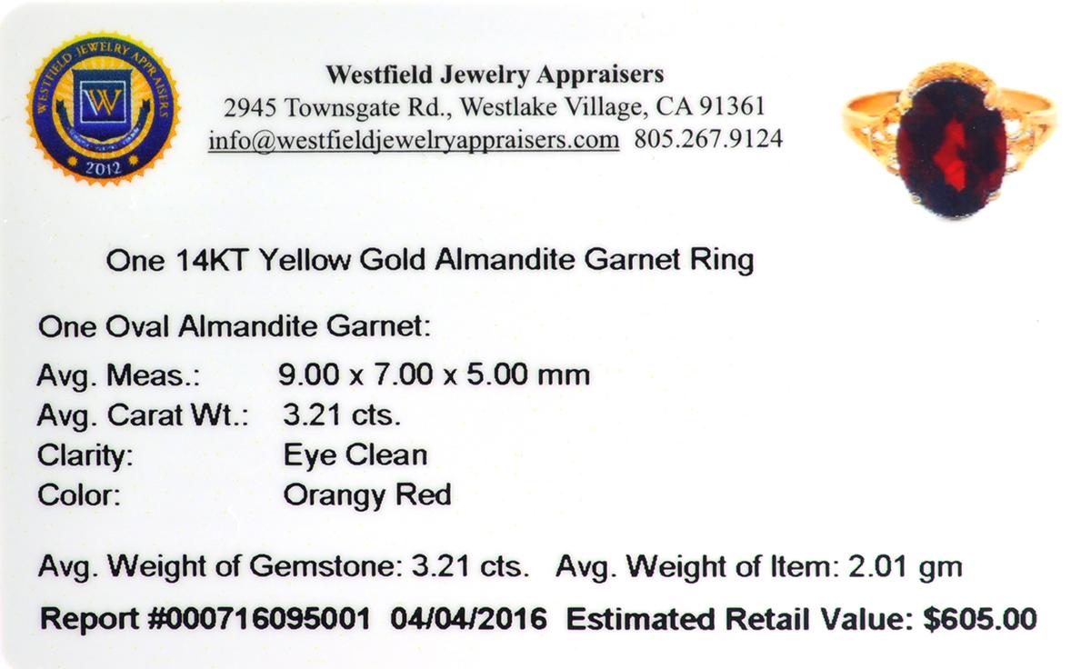 APP: 0.6k Fine Jewelry 14KT. Gold, 3.21CT Oval Cut Red Almandite Garnet Ring