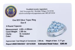 APP: 0.3k Gorgeous Sterling Silver 2.88CT Blue Topaz Ring App. $285 - Great Investment - Divine Piec