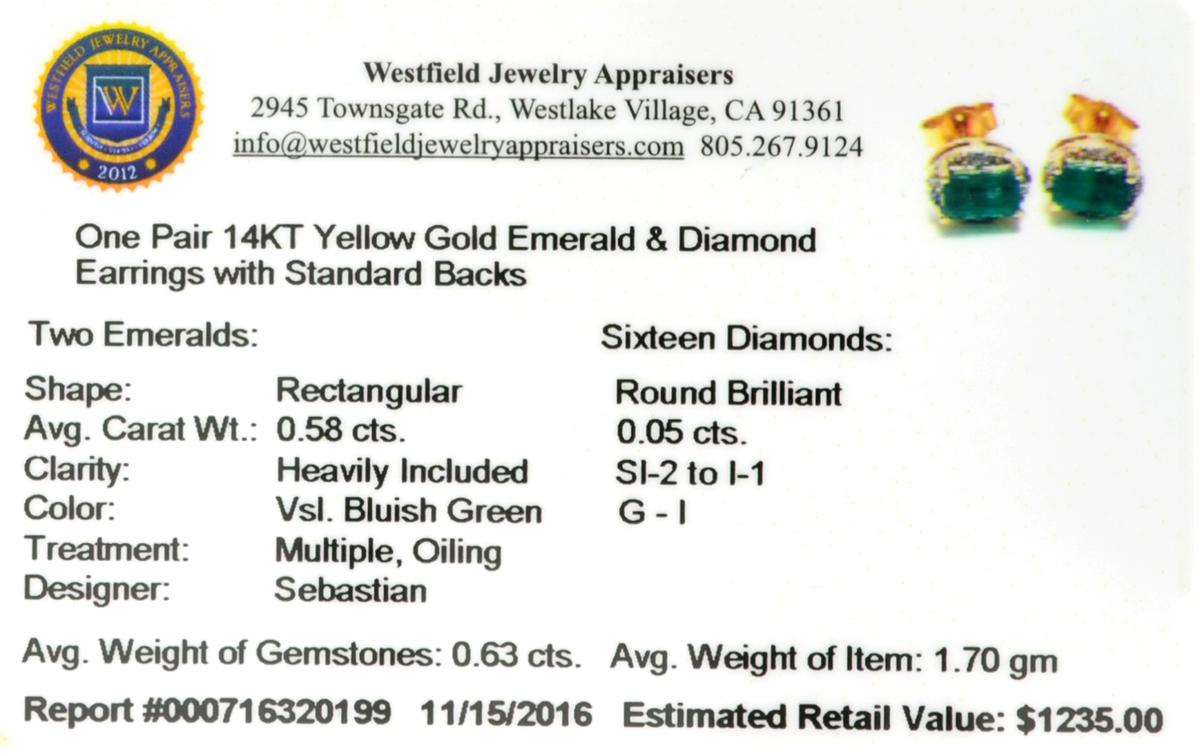 14KT. Gold 0.58CT Rectangular Cut Emerald and 0.05CT Round Brilliant Cut Diamond Earrings