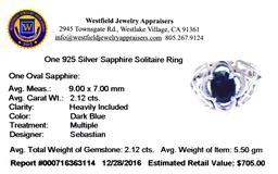 APP: 0.7k Fine Jewelry Designer Sebastian, 2.12CT Oval Cut Blue Sapphire And Sterling Silver Ring